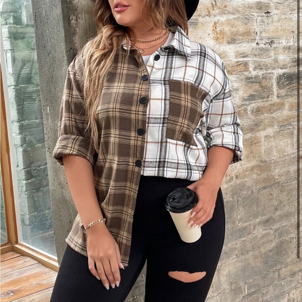 Classic Elegant Plus Size Plaid Button Down Shirt Top Blouse